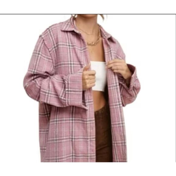 Rusty Dana Plaid Pink and Gray Shacket Overshirt Size Large New - Picture 1 of 6